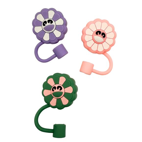 Smiley Flower Silicone Straw Toppers Set of 3 Fits 10mm Straws Cute Girly Floral - Picture 5 of 5